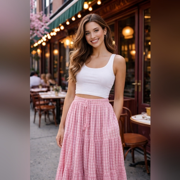 None Dresses & Skirts - Nwt Anna Rose Gingham Tiered Pink Summer Maxi Long Womens M SKIRT Feminine Fairy